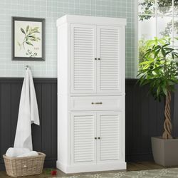 30 in. W x 15.7 in. D x 71.6 in. H White Wood Freestanding Linen Cabinet Bath Cabinet with Louvered Doors and Drawer