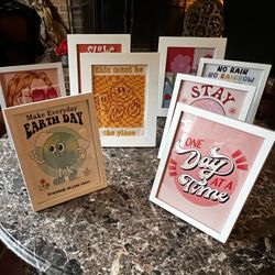 Lot of 8 gorgeous white frames 5 are 8x10 & 3 are 11x14  with inspirational colorful fun motivational themes etc