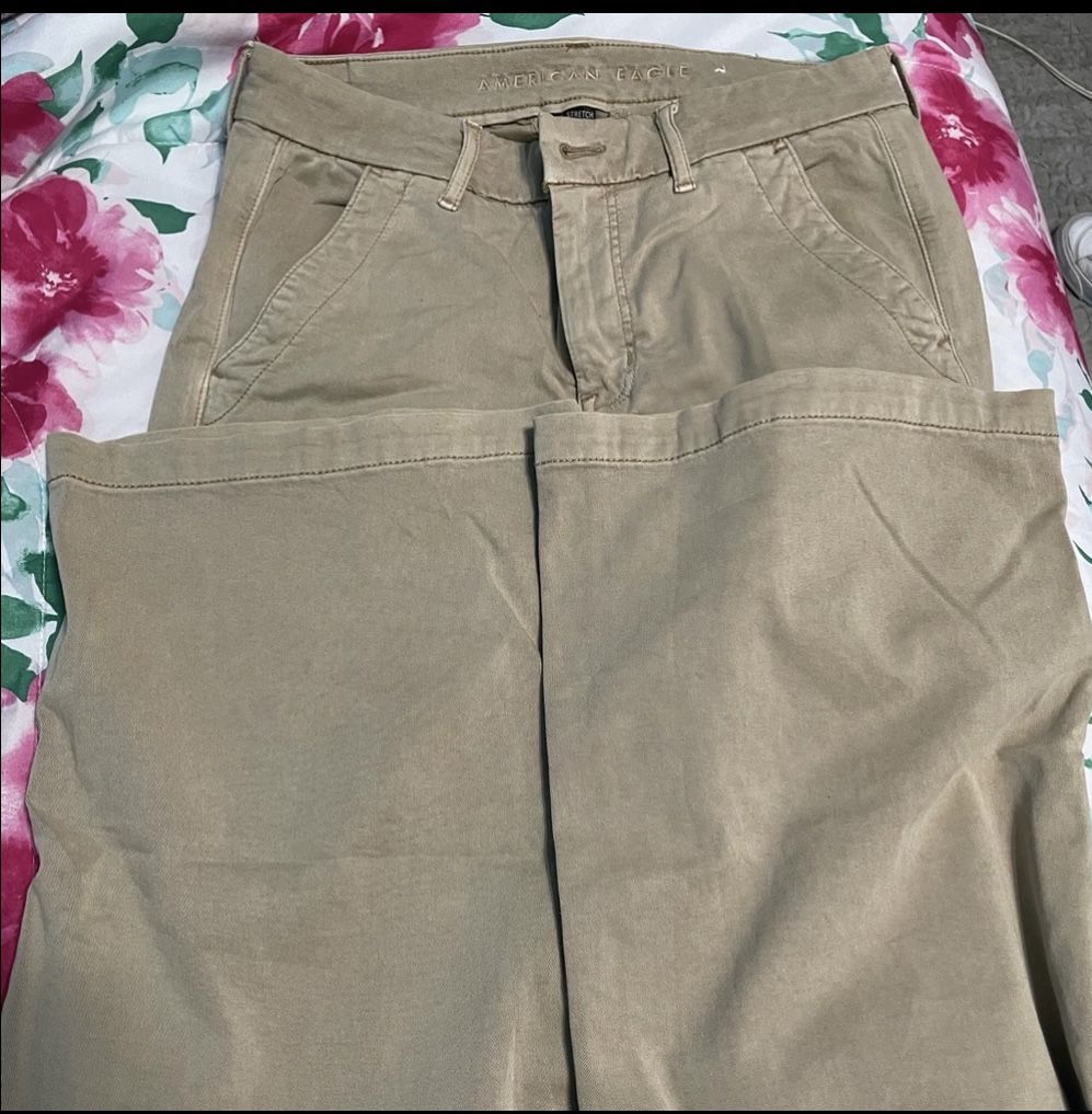 American Eagle Khaki Stretch Low-Rise Baggy Wide-Leg Pant