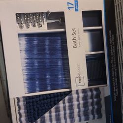 17 PC Bath Set - Blue - Soap Dispenser, Curtains, Soap Dish, Curtain Hooks, Etc..