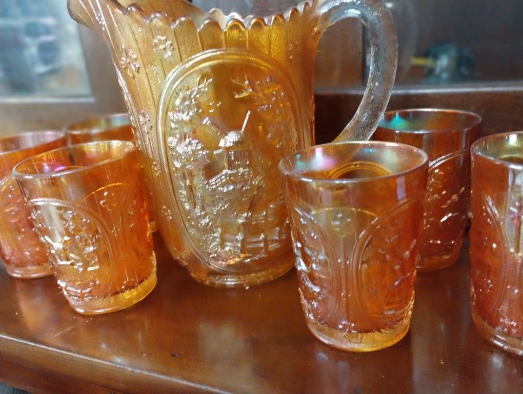 Carnival Glass Pitcher And Glasses