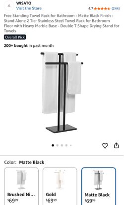Wisato Free Standing Towel Rack for Bathroom - Matte Black Finish - Stand Alone 2 Tier Stainless Steel Towel Rack for Bathroom Floor with Heavy Marble