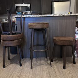 Move Out Sale!!!  $90 Set of 4 Adjustable Bar Stools – Brown Faux Leather + Metal