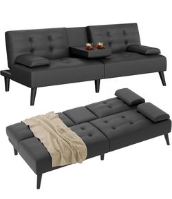 64" Futon Sofa Bed, Leather Foldable Couch, Upholstered Loveseat Sofa Couch with Folding Cup Holders, Reclining Sleeper with Removable Armrests for Ho
