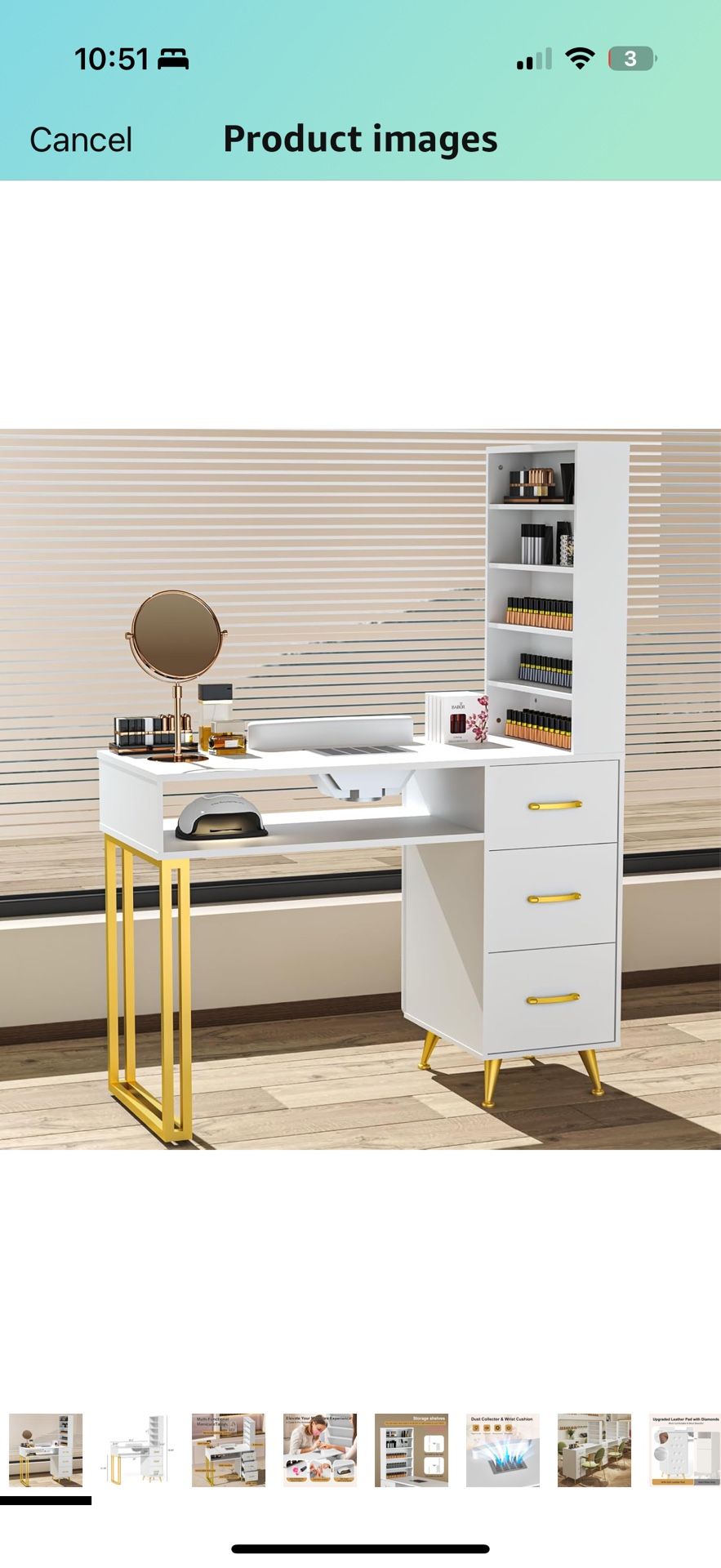 Brand New White & Gold Nail Table Desk- Dust Fan + Srorage Shelves Included