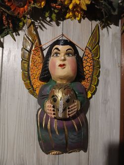 15in. Vintage Hand Carved/Painted Mexican Wooden Angel Wall Hanging Decoration