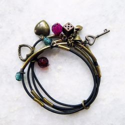 Stretchy Black Bands Gold Brass Charm Women's Bracelet heart stones key shoe