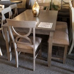Brand New Gray Dining Table (60"×36"×30"H) + 4 Gray Chairs + Bench