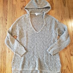 J.Jill purejill Loose Taupe Open Weave V-neck Sweater with Hoodie Size: S