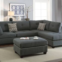 GREY REVERSIBLE CHAISE SECTIONAL SOFA WITH OTTOMAN  