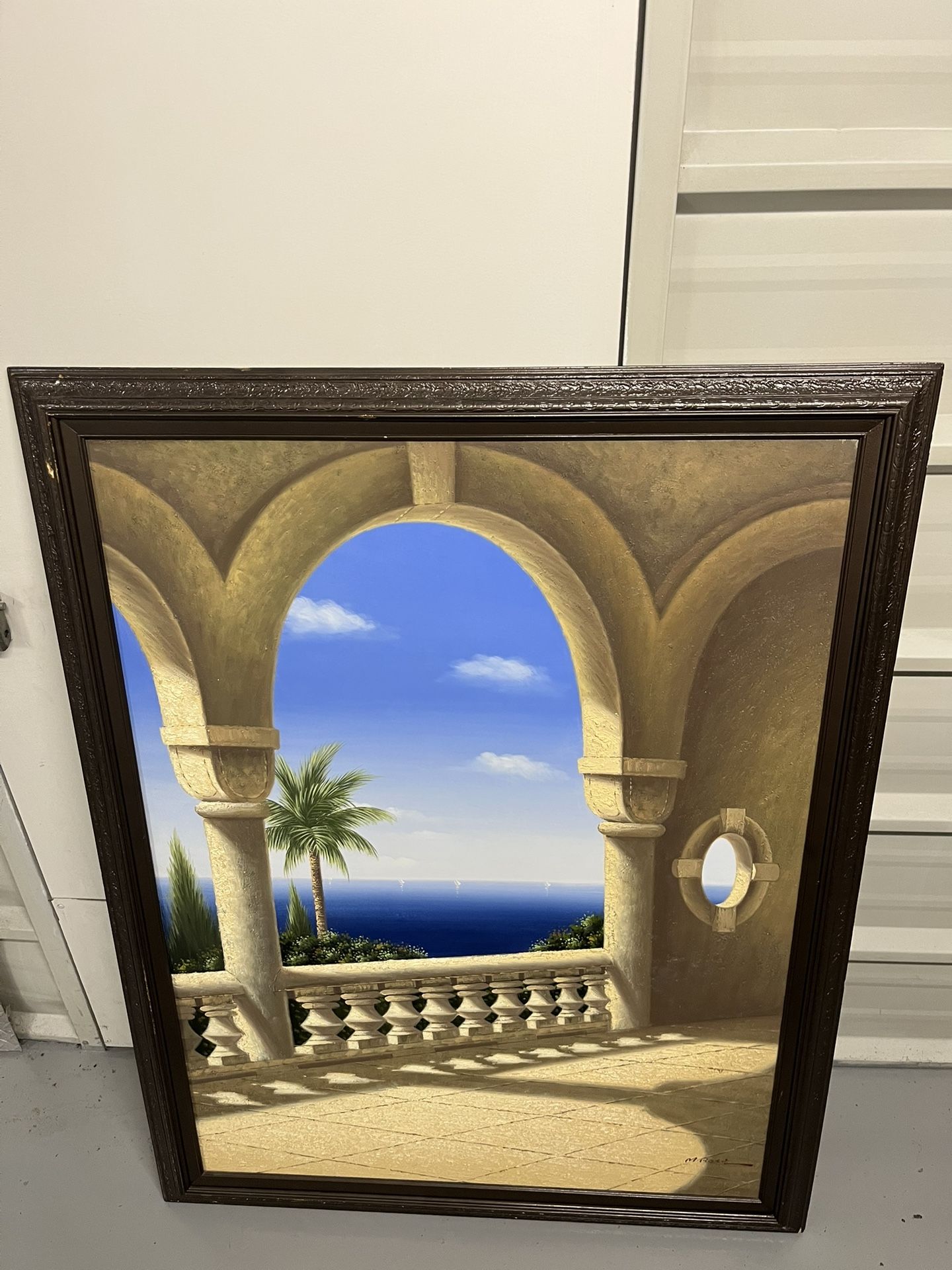 Large Mediterranean Balcony Seascape Oil Painting by M. Rossi