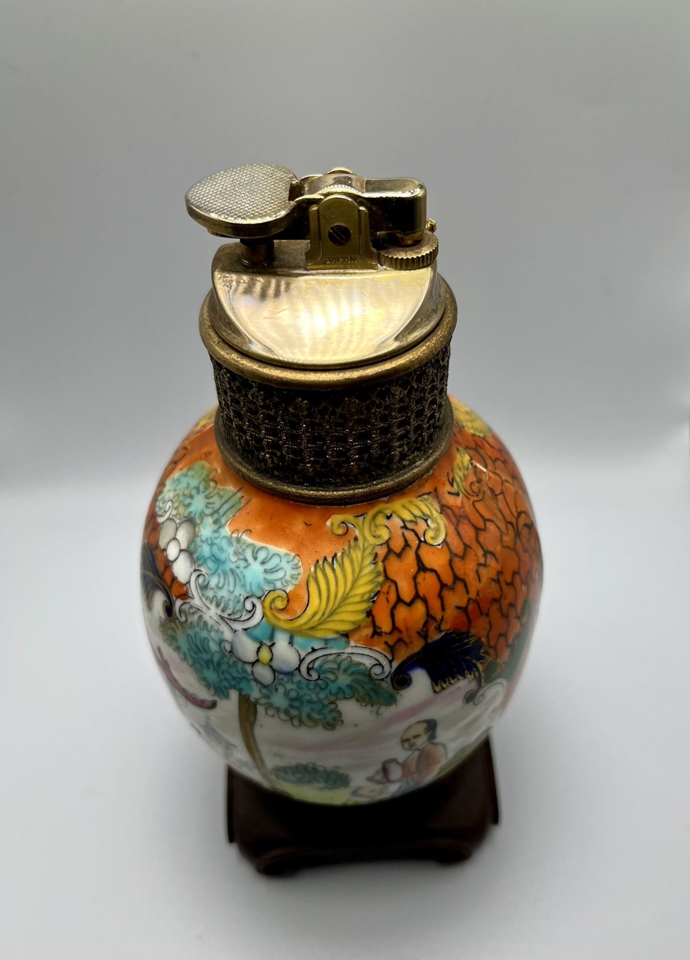 Porcelain antique table lighter made in Japan wooden stand