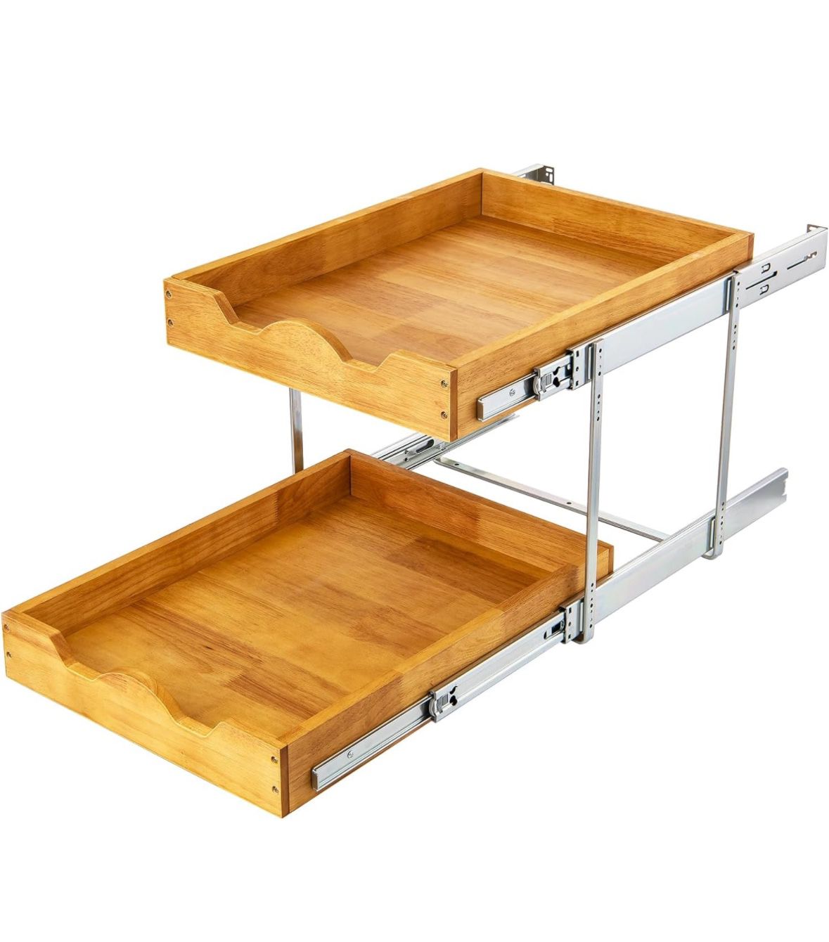 NEW! 2 Tier Pull Out Cabinet Organizer (20" W x 21" D) Wood And Metal Double Tier Slide Out Wood Drawer Under Cabinet Storage Organization