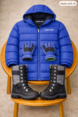 Men’s Lands’ End Goose Down Winter Bundle – XL Jacket + Boots 10.5 + Gloves