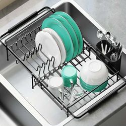 New Dish Drying Rack in Sink - Expandable (14.5''-18''L) Over The Sink Dish Rack with Utensil Holder, Space-Saving Dish Drainer for Kitchen Counter, 1