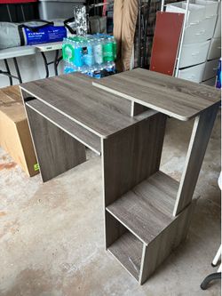 Compact Grey Computer Desk with Monitor Stand & Keyboard Tray - Assembled!