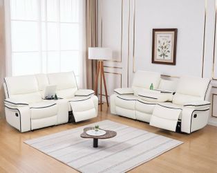 White leather fully reclining sofa and love seat