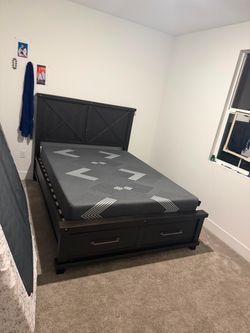 Black Wood Bed Frame with Storage Drawers
