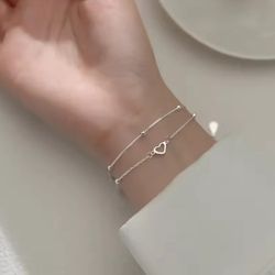 925 Sterling Silver Double Strand Heart & Ball Bead Adjustable Love Bracelet SM