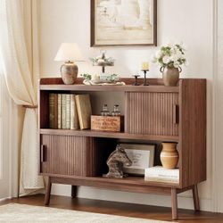 ONBRILL 44" Sideboard Buffet Cabinet with Outlet & 2 Open Storage Spaces, Fluted Sideboard Cabinet with Sliding Door & Adjustable Shelves, Mid-Century