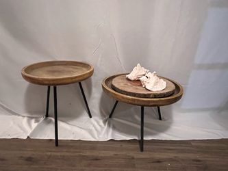 Set of 2 Rustic Round Wood Side Tables – Black Metal Hairpin Legs