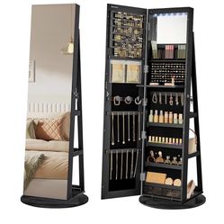 6 LEDs Lockable Mirror Jewelry Cabinet, 360° Swivel black