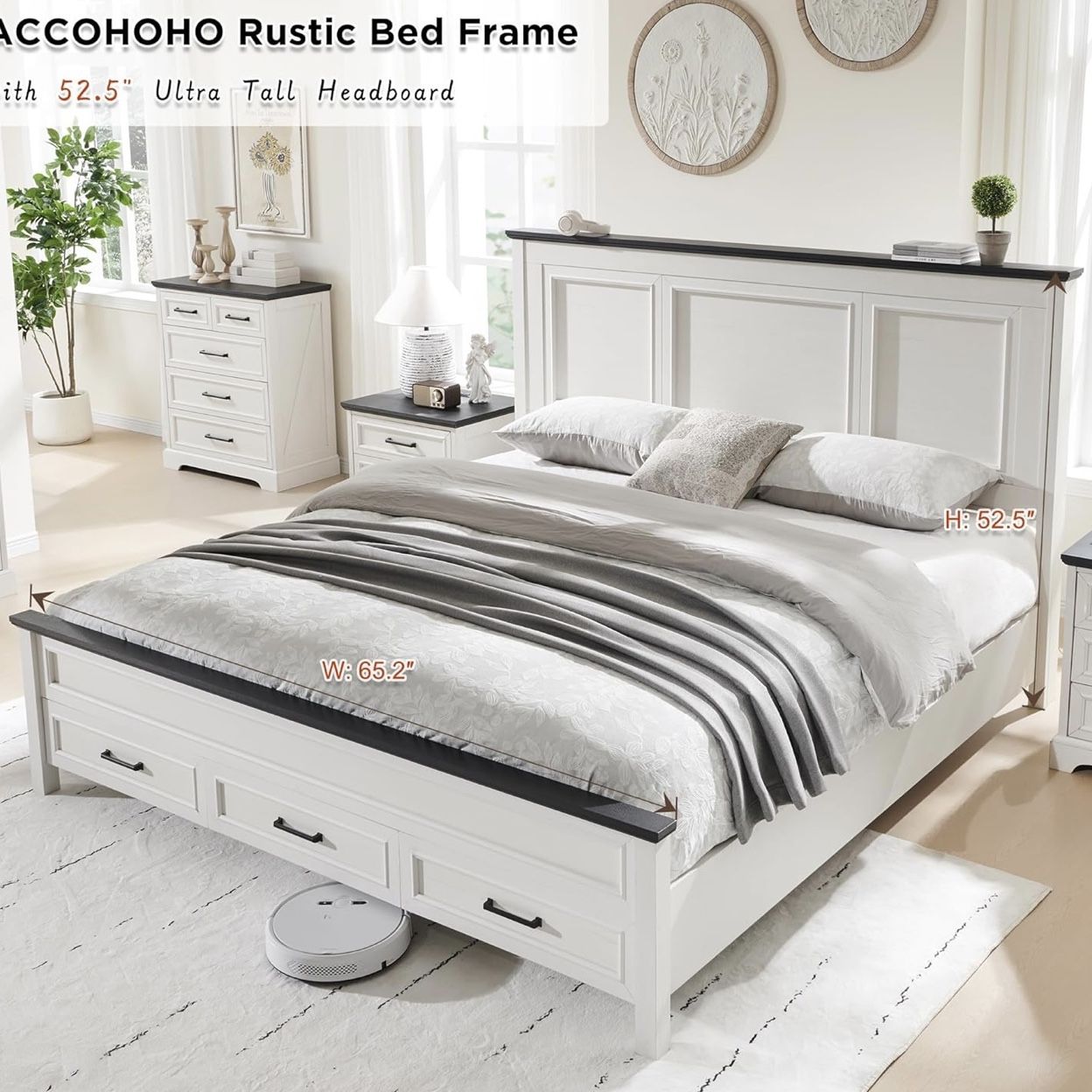Open Box- NEW-ACCOHOHO Farmhouse Queen Size Bed Frame with 52" Tall ...