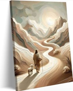 New 24*16”Jesus Leaves the 99 Sheep Canvas Framed Wall Art Jesus Lamb Painting Picture Decor Artwork