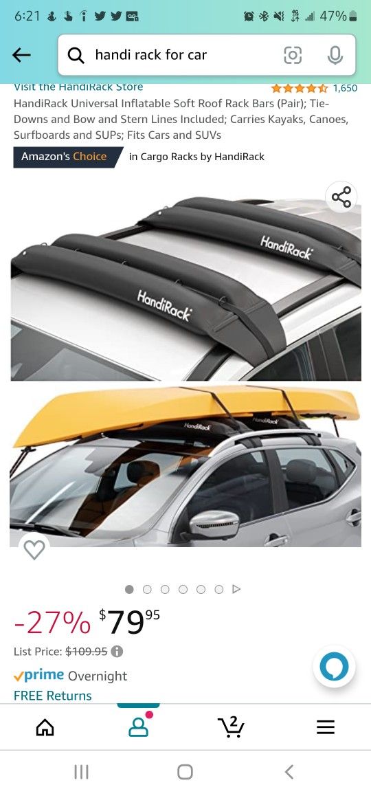 HandiRack Universal Inflatable Soft Roof Rack Bars (Pair); Tie-Downs and Bow and Stern Lines Included; Carries Kayaks, Canoes, Surfboards and SUPs; Fi