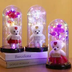 Valentines Day Gifts Teddy Bear Galaxy Rose Glass Dome Led Light