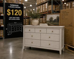 7 Drawer Dresser for Bedroom, 47" Farmhouse Wood Chest of Drawers with Accent Beveled Panels