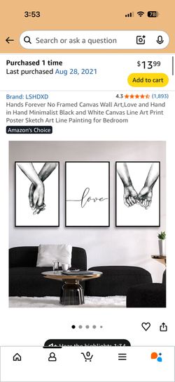 Hands Forever No Framed Canvas Wall Art,Love and Hand in Hand Minimalist Black and White Canvas Line Art Print Poster Sketch Art Line Painting for Bed