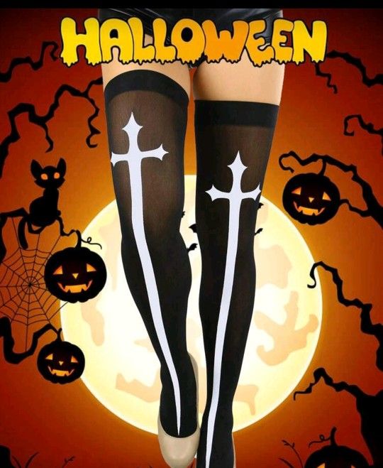 Women Gothic Cross Thigh High Socks Black.