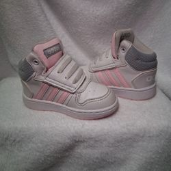 Adidas pink and white hoops mid high sneakers for toddlers