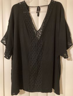 WOMANS BLACK PEASANT TOP BOHO 3/4 SLEEVE  BLACK LACE TRIM PLUS SIZE 2X RESORT