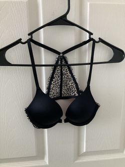 Pink Victoria’s Secret Black Push-Up Underwire Racerback Leopard Print Mesh Bra (32A)