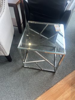 Fiona stainless steel End Table w square glass top As Is (wear & tear) - SKU: GJUQPP