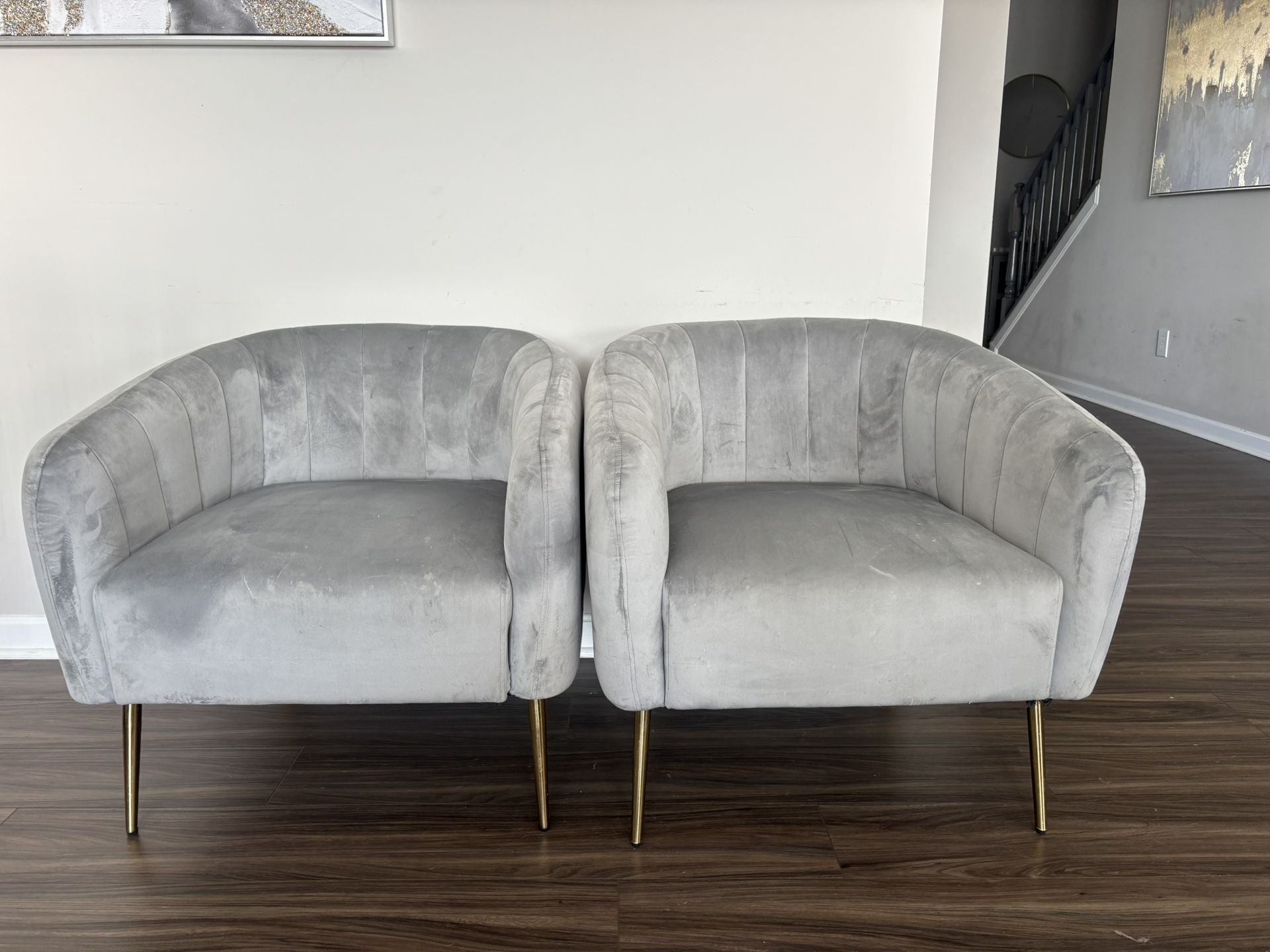Lightly Used Gray Velvet Barrel Chairs (Set of 2)