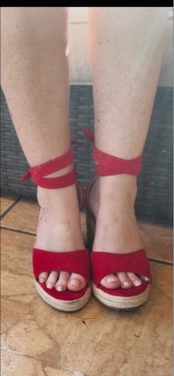 Red Suede Espadrille Wedge Sandals