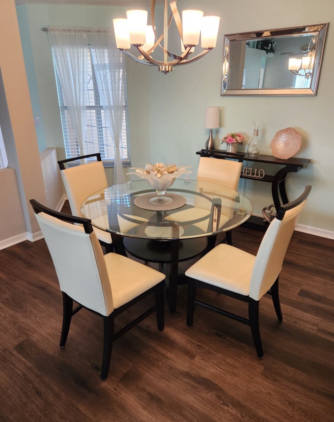 Espresso 5pc 48in dining set with cream chairs