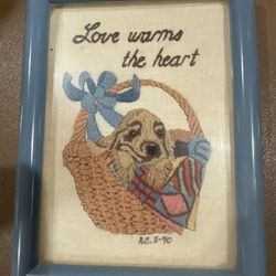 Love Warms The Heart-frame Vintage Dimensions Crewel Embroidery 5x7 Warm Puppy