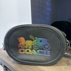 Coach Leather Crossbody / Camera Bag – Black Rainbow Logo, Authentic
