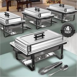 Chafing Dish Buffet Set, 4 Pack 9.5QT Chafing Dish High Grade Stainless Steel Chafer Complete Set, Gray Handle, Kitchen and Dining Utensils (Black, 4)