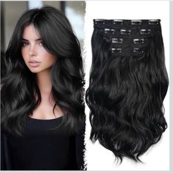14 Inch Black Hair Extensions - Wavy Synthetic Clip in Hair Extensions For Women And Girls (Color: Black)