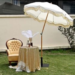 LAGarden Jazz Age Fringe Umbrella Tilt Market Umbrella - Beige+Gold Tassel - Decorative Theme Umbrella