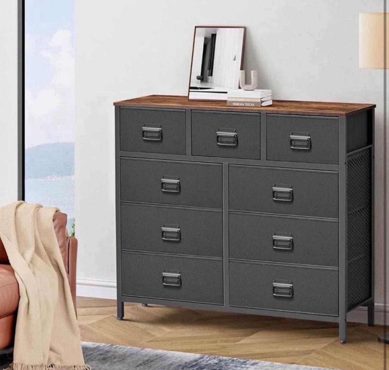 Dresser for Bedroom, Storage Organizer Unit with 9 Fabric Drawers, Chest of Drawers, Steel Frame, for Living Room, Entryway, Rustic Brown