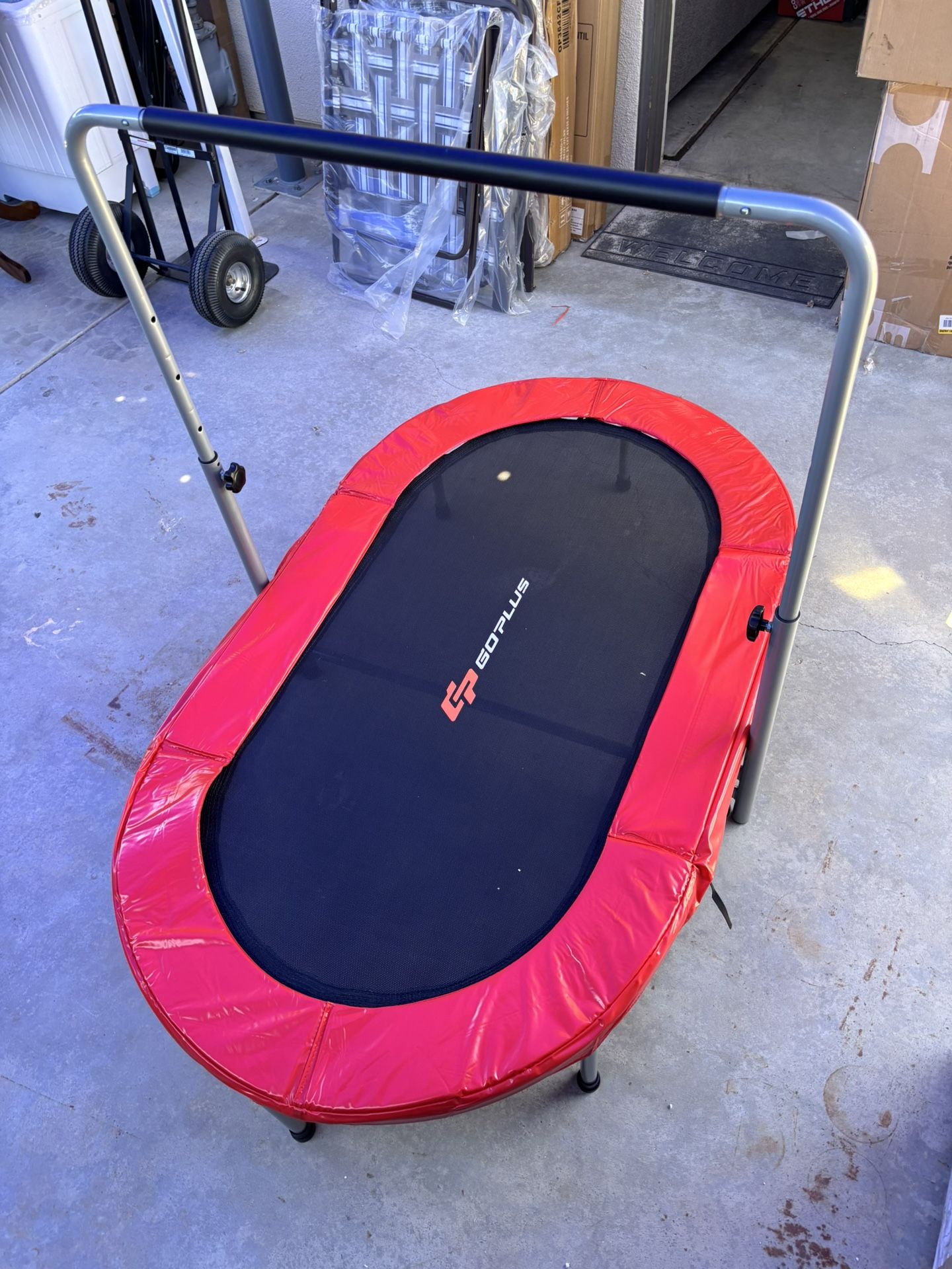 Goplus Foldable Trampoline, Double Mini Kids Trampoline Rebounder with Adjustable Central Handrail and Safety Pad, Exercise Trampoline for Indoor Outd