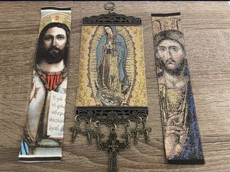 Religious icon banner Set lady Guadalupe Mary With Jesus Pure Cotton Gold Yarn