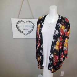 Time and Tru Floral Print Kimono Open Front Lightweight Bohemian Cardigan OS