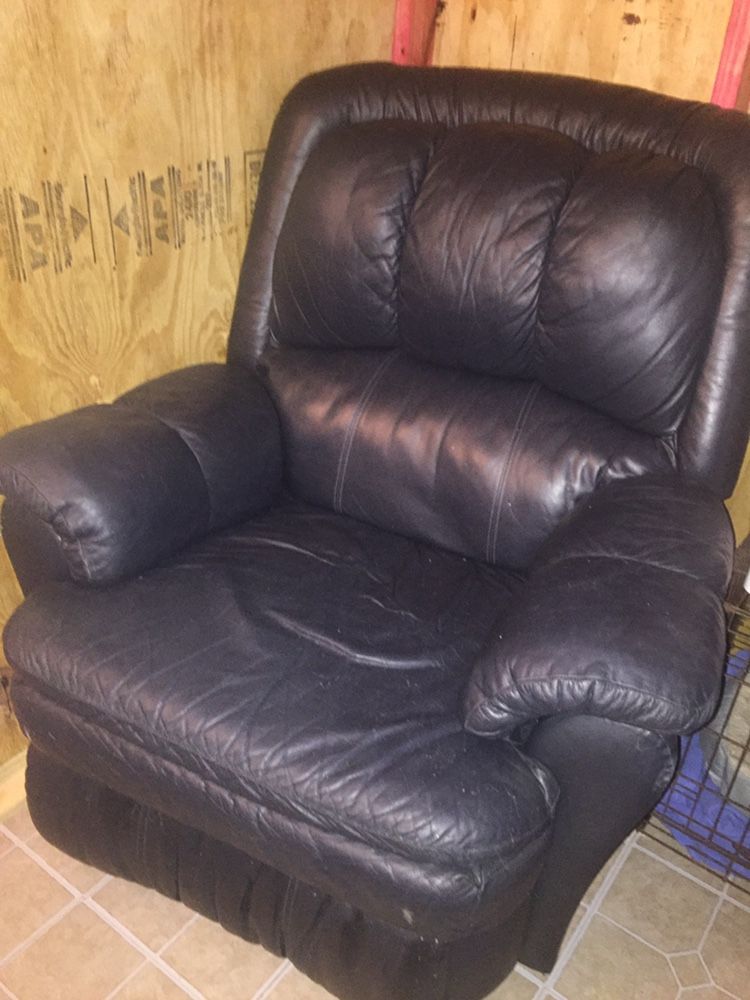 A blue leather recliner